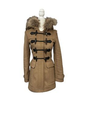 Burberry Brit Blackwell Wool Duffle Coat Fur Trim Hooded Camel USA 2 Mid Length
